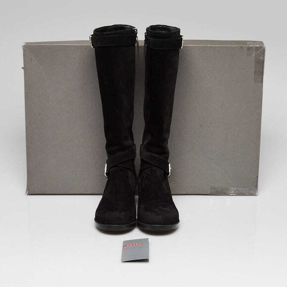 Prada Black Suede Tall Riding Boots 5.5/36 - Picture 1 of 5